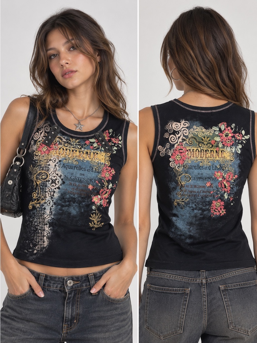 Vanilla Sugar Women’s M Y2K Sleeveless Tank Top Floral Print Rhinestones Black
